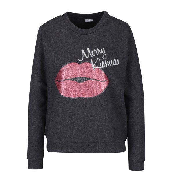 Bluza gri inchis melanj cu print buze si inscriptie Jacqueline de Yong Cupid