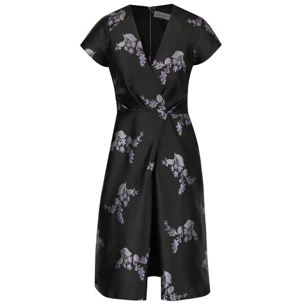 Rochie neagra cu print floral si decolteu suprapus Closet