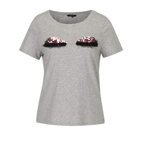 Tricou din bumbac gri melanj cu ochi din paiete si franjuri - VERO MODA Eye
