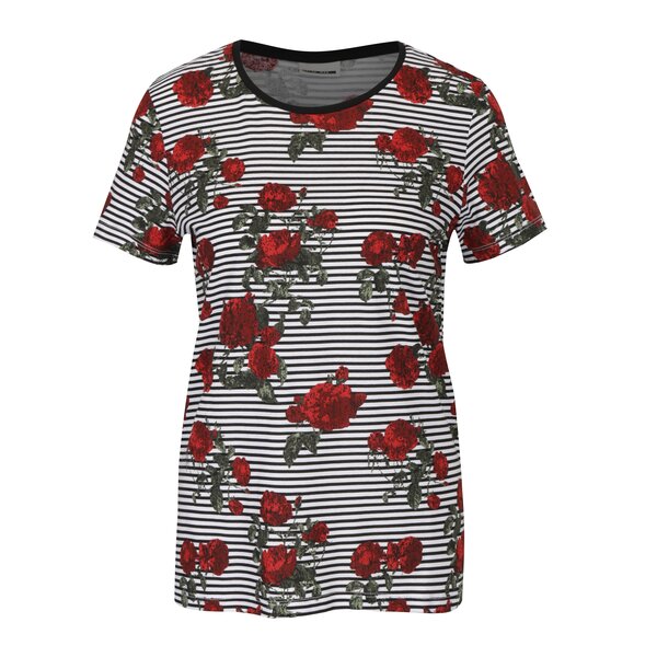 Tricou cu dungi si print floral alb & negru - Noisy May Hayden