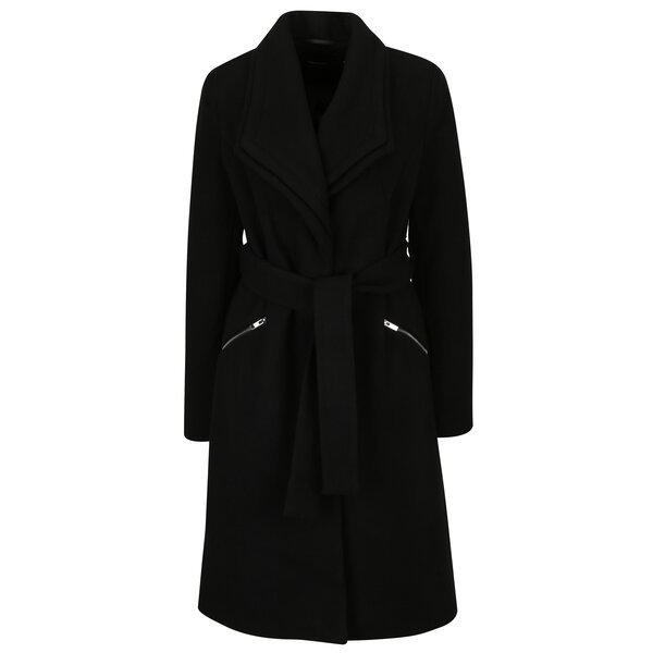 Palton negru din amestec de lana cu revere duble si cordon in talie - VERO MODA Pisa