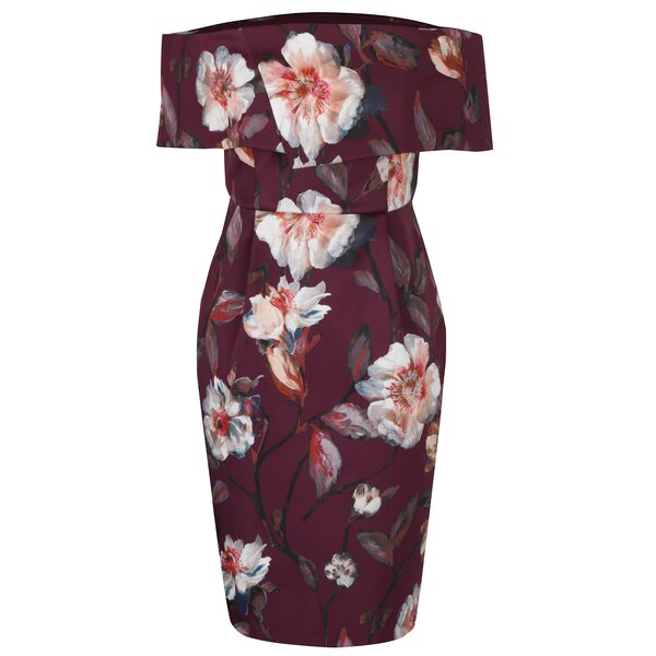 Rochie bordo cu print floral si decolteu pe umeri Dorothy Perkins Petite