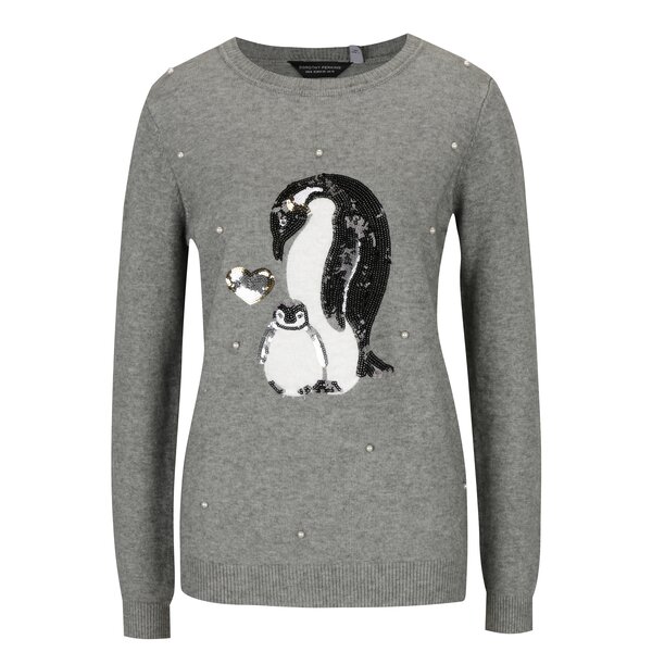 Pulover gri cu aplicatie pinguini din paiete si perle Dorothy Perkins