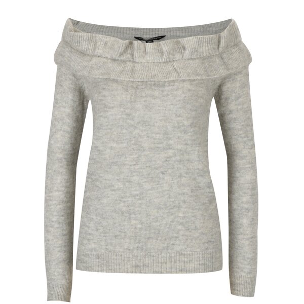 Pulover gri melanj cu decolteu amplu pe umeri si volanase decorative- Dorothy Perkins