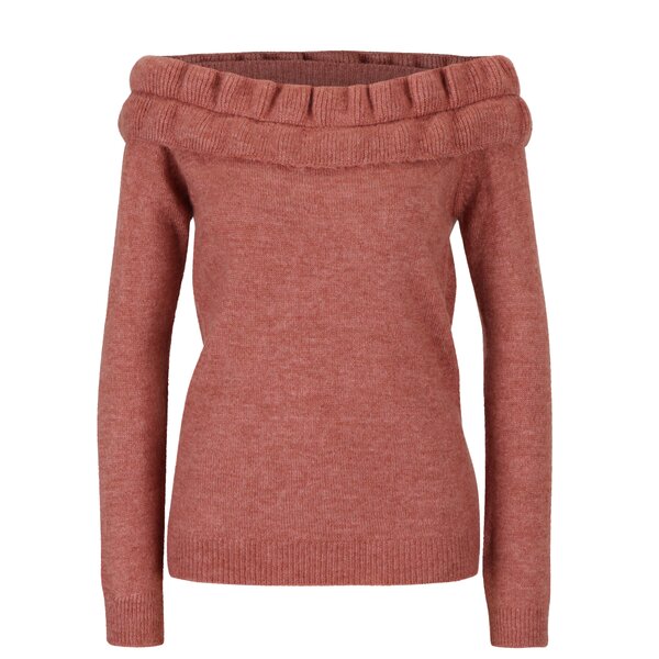 Pulover caramiziu cu decolteu amplu pe umeri si volanase decorative- Dorothy Perkins