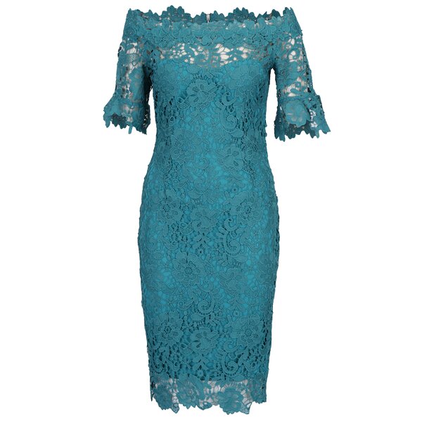 Rochie turcoaz din dantela cu umeri expusi si maneci clopot - Paper Dolls