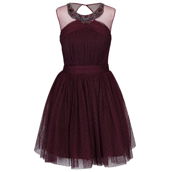 Rochie mini bordo cu buline si aplicatie decorativa tip colier Little Mistress