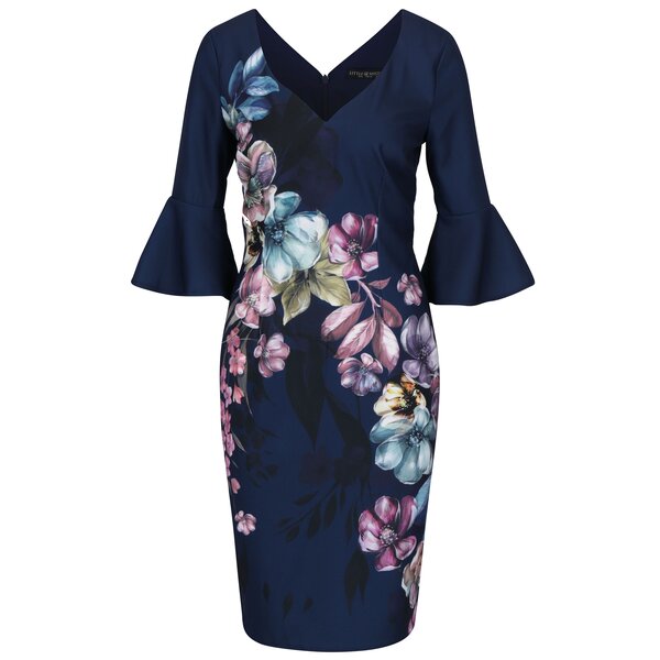 Rochie bleumarin cu print floral si maneci 3/4 clopot Little Mistress