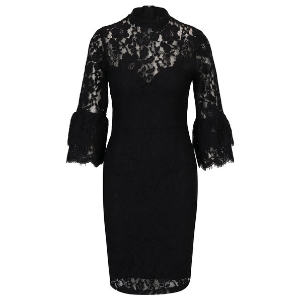 Rochie neagra din dantela cu maneci duble 3/4 clopot cu volane Paper Dolls