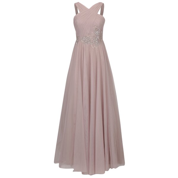 Rochie maxi roz prafuit cu aplicatie decorativa in talie Little Mistress