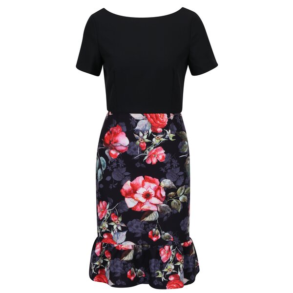 Rochie neagra cu print floral si volan Paper Dolls