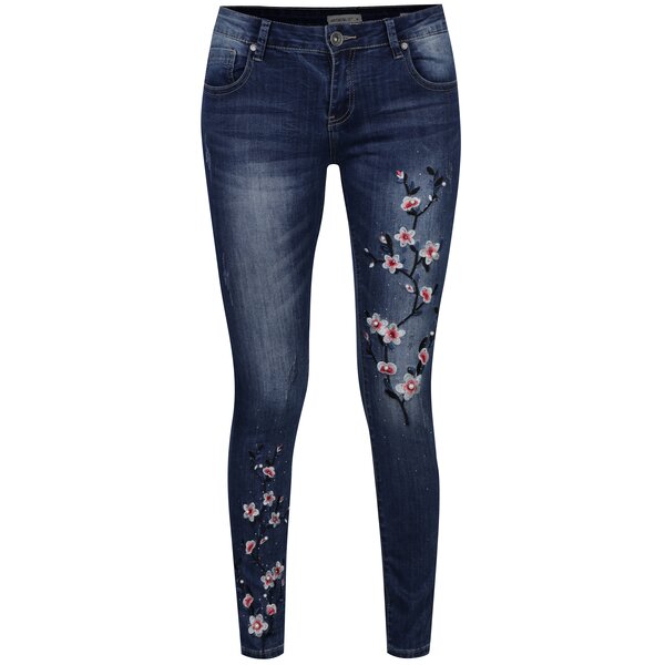 Blugi slim fit albastri cu broderie florala - Hailys Geisha