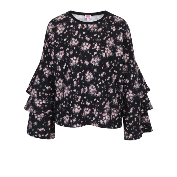 Pulover negru cu print floral si maneci cu volane Juicy Couture
