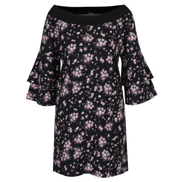 Rochie neagra cu print floral si maneci duble clopot Juicy Couture