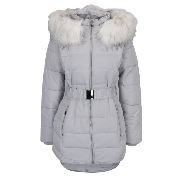 Geaca matlasata gri deschis cu blana artificiala si talie elastica Miss Selfridge