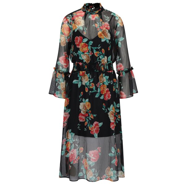 Rochie neagra cu print floral si maneci clopot transparente Miss Selfridge