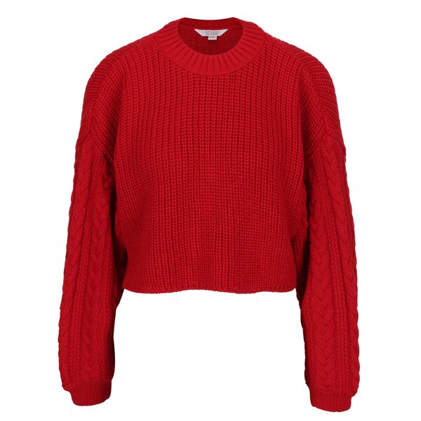 Pulover crop rosu cu model impletit si maneci raglan Miss Selfridge