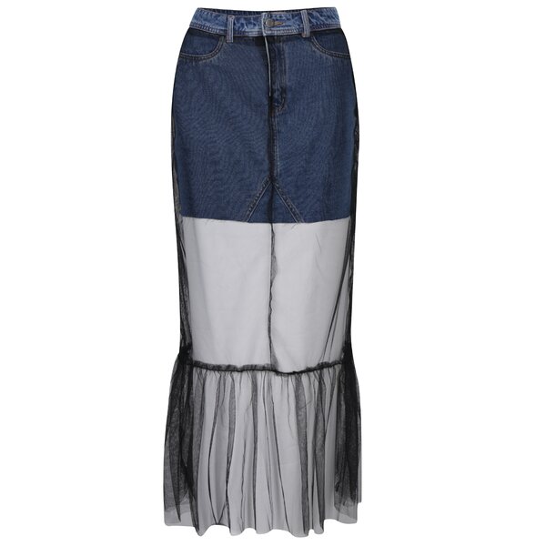 Fusta de denim albastra cu aplicatie din tul neagra Noisy May Be