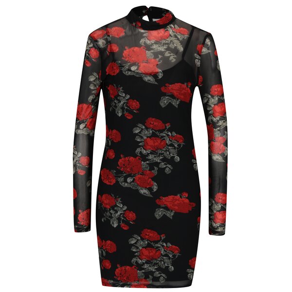 Rochie mini neagra cu print floral si maneci transparente Noisy May Naya