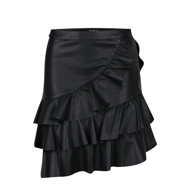 Fusta asimetrica neagra cu volane din piele sintetica VERO MODA Amanda