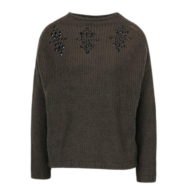Pulover kaki cu maneci raglan si aplicatii decorative ONLY Siv