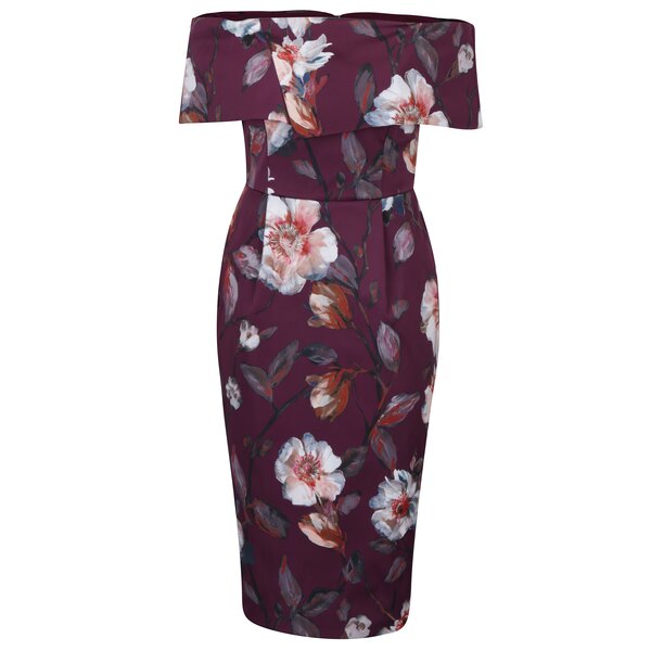 Rochie mov cu print floral si decolteu amplu pe umeri - Dorothy Perkins