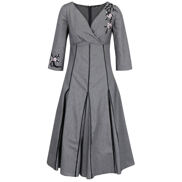 Rochie gri din lana cu broderie florala Lena Criveanu