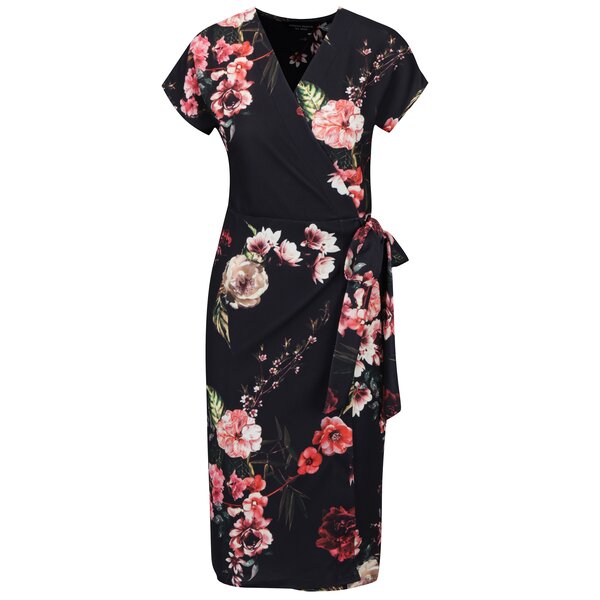 Rochie neagra cu print floral, funda in talie si model suprapus - Dorothy Perkins