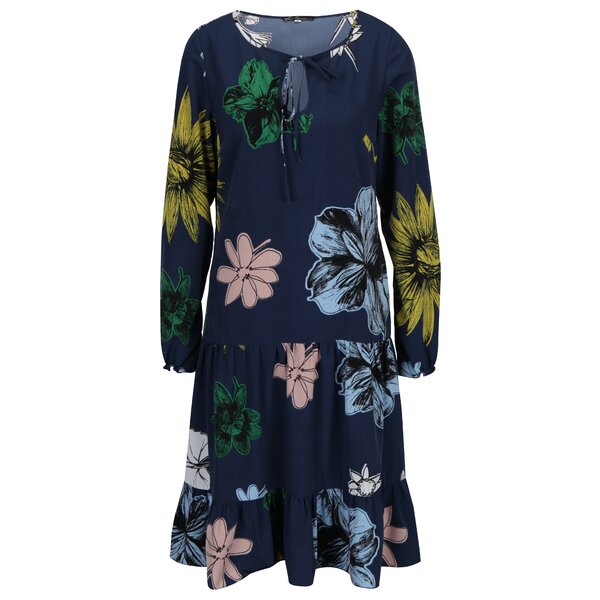 Rochie bleumarin cu print floral si pliuri Lena Criveanu