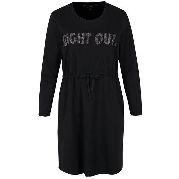 Rochie sport neagra cu buzunare, talie ajustabila si aplicatie- Ulla Popken