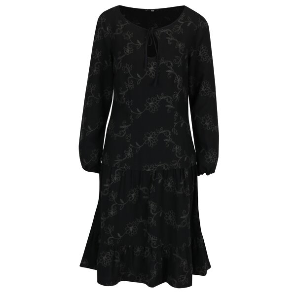 Rochie neagra din lana cu broderie florala si pliuri Lena Criveanu