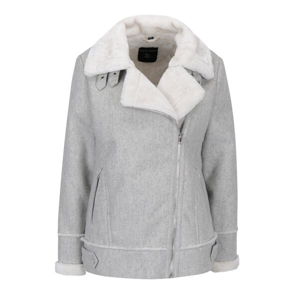 Geaca gri melanj cu interior din blana artificiala si fermoar asimetric - Dorothy Perkins
