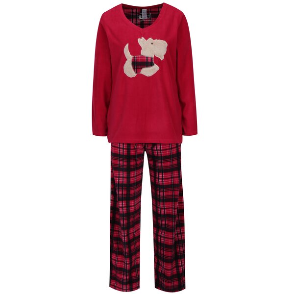 Pijama roz inchis din fleece in carouri cu broderie M&Co