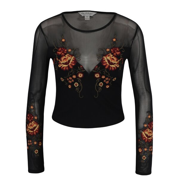 Bluza crop neagra de plasa cu broderie florala - Miss Selfridge