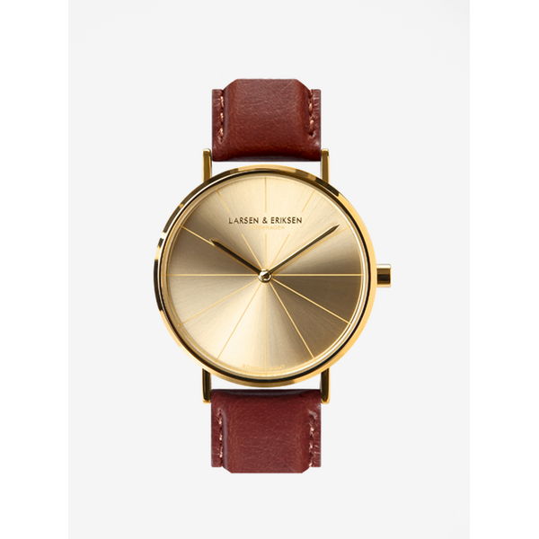 Ceas unisex auriu cu curea maro din piele naturala - LARSEN & ERIKSEN 37 mm