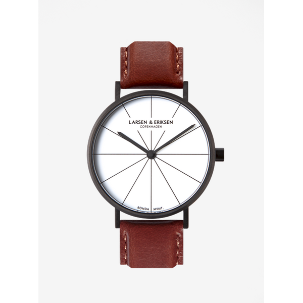 Ceas unisex negru cu curea maro din piele naturala - LARSEN & ERIKSEN 41 mm