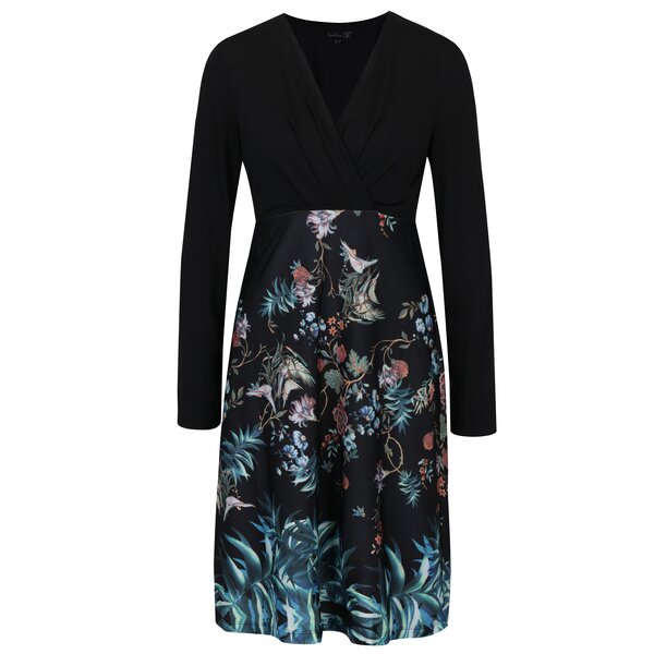 Rochie neagra cu print floral si decolteu suprapus Smashed Lemon
