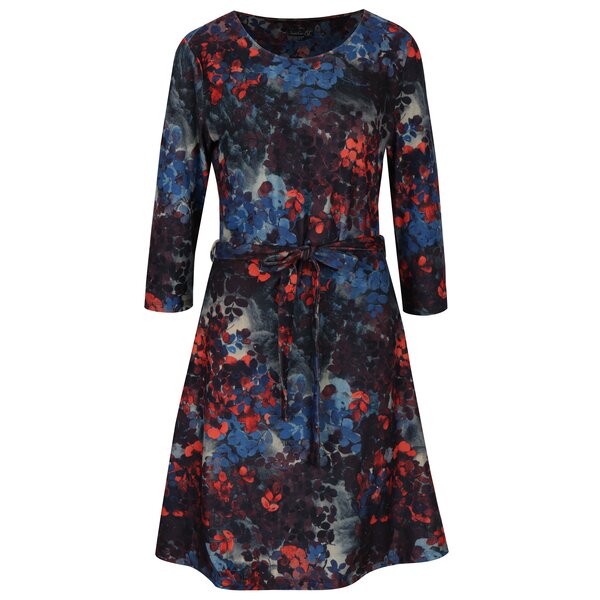 Rochie bleumarin cu print frunze si maneci 3/4 Smashed Lemon