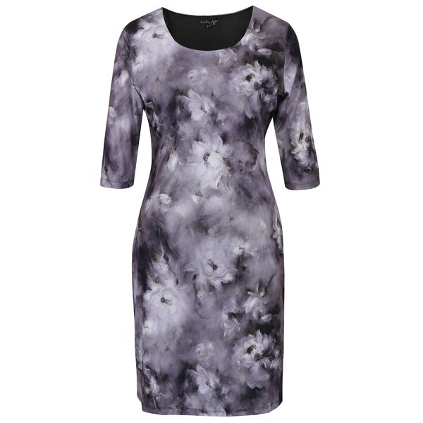 Rochie dreapta gri cu print floral si maneci 3/4 Smashed Lemon