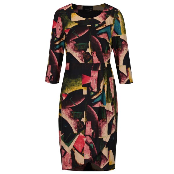 Rochie dreapta neagra cu print abstract si maneci 3/4 Smashed Lemon