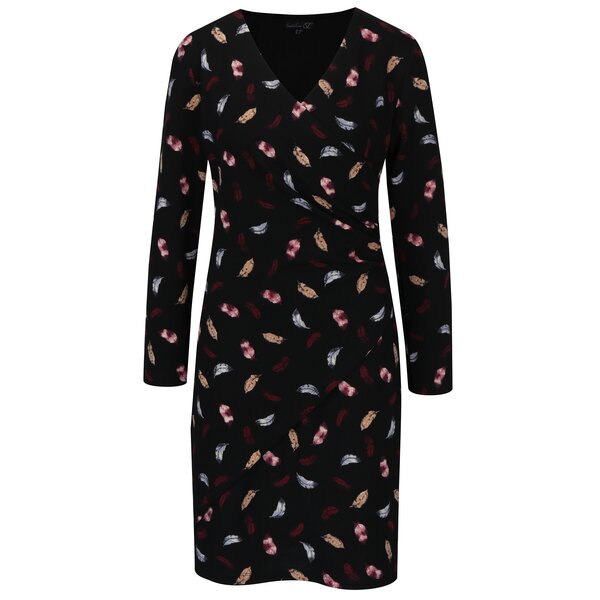 Rochie neagra cu print pene si decolteu suprapus Smashed Lemon