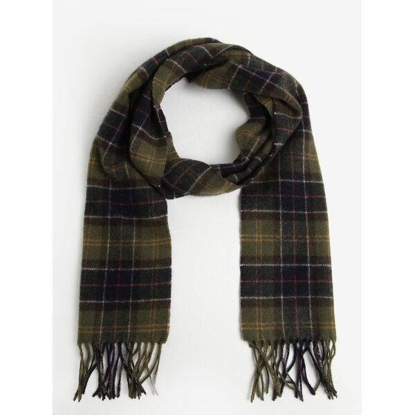 Fular barbatesc kaki din lana cu carouri si franjuri - Classic Barbour Tartan Lambswool