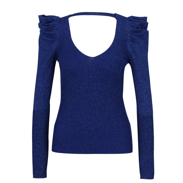 Pulover albastru cu fir metalic si volane pe umeri Miss Selfridge