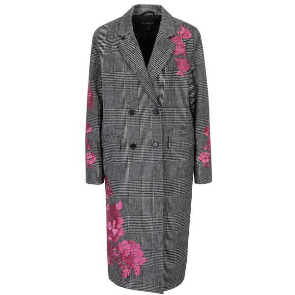 Pardesiu negru&crem cu broderie florala si model houndstooth Miss Selfridge