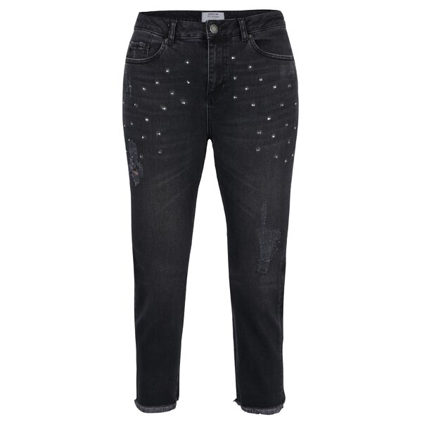 Blugi mom negri cu aplicatii decorative si aspect deteriorat Miss Selfridge