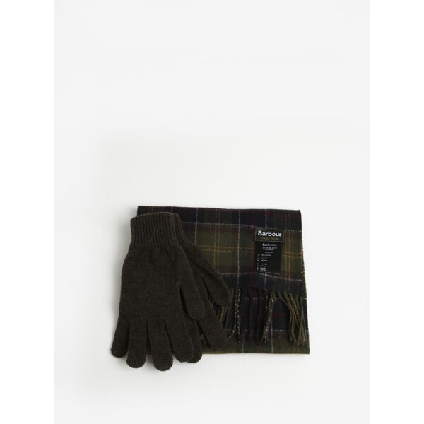 Set de manusi si fular din lana kaki in carouri - Barbour Gift Box