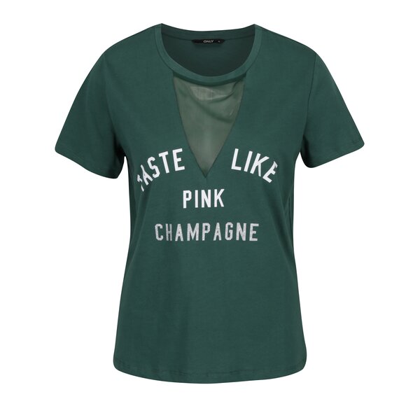 Tricou verde inchis cu mesaj si insertie de plasa - ONLY Champagne