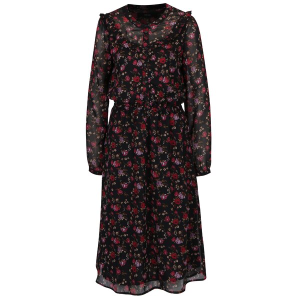 Rochie negru&rosu cu print floral si volane VERO MODA Rose