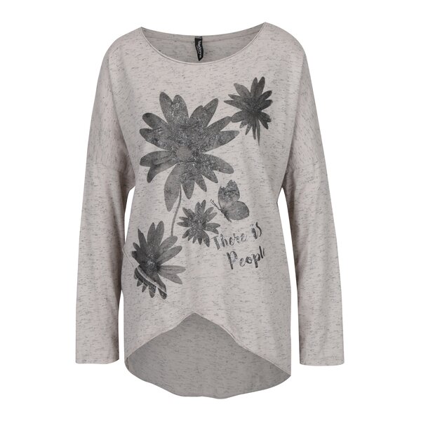 Bluza asimetrica bej melanj cu print metalic si maneci liliac Madonna