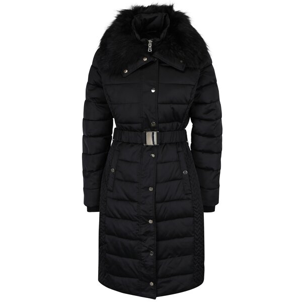 Geaca matlasata lunga neagra cu cordon in talie Miss Selfridge